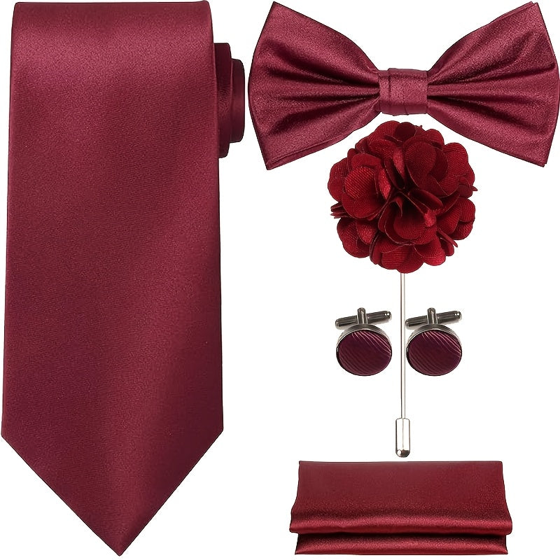 Set of 5 Ties in a Box, Featuring a Solid Color Necktie, Satin Bow Tie, Pocket Square, Lapel Pin, And Cuff Links for Weddings, Formal Gatherings, And Business Events - High-Quality, Versatile, And Fashionable Additions