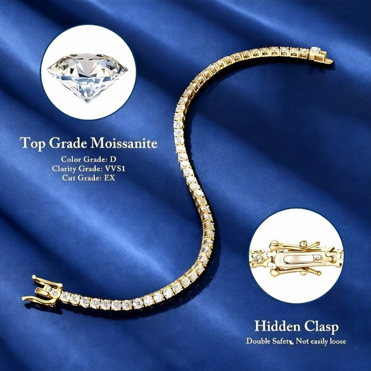Luxury S925 4mm Sterling Silvery Moissanite Golden Tennis Bracelet- Bright Cut, Arranged Moissanite Design- Elegant French Style Women's Style, Suitable for Weddings, Birthdays, Total Weight Of The Product (7.71g)