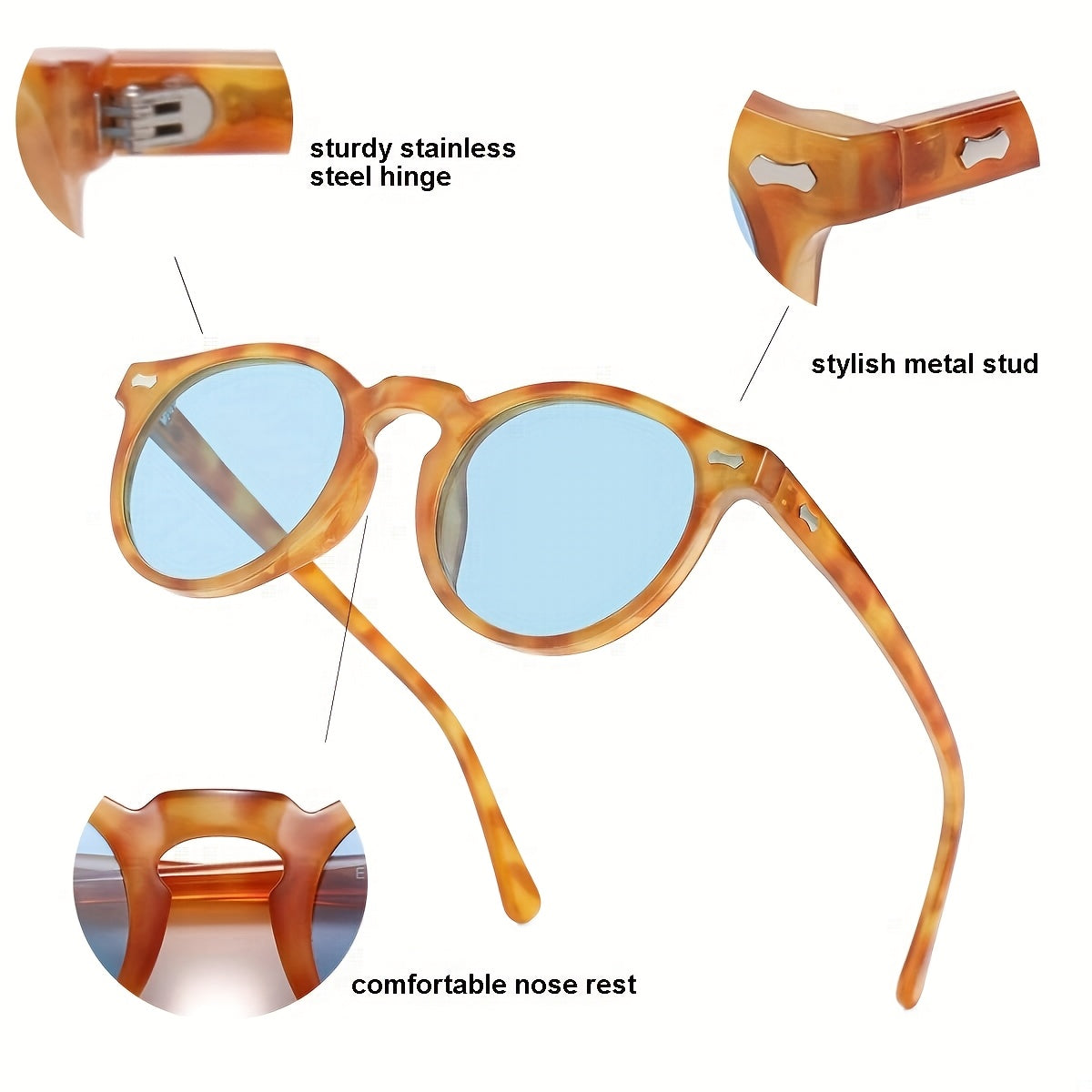Blue Beach Round Polarized Fashion Glasses - Unisex Vintage Style Acetate Frame, Polarized Lenses for Glare Reduction & True Color Clarity, Ideal for Camping, Hiking, Driving,, Hiking Accessories, Stylish Eyewear, Durable Frame, Protective Eyewear, Outdoo