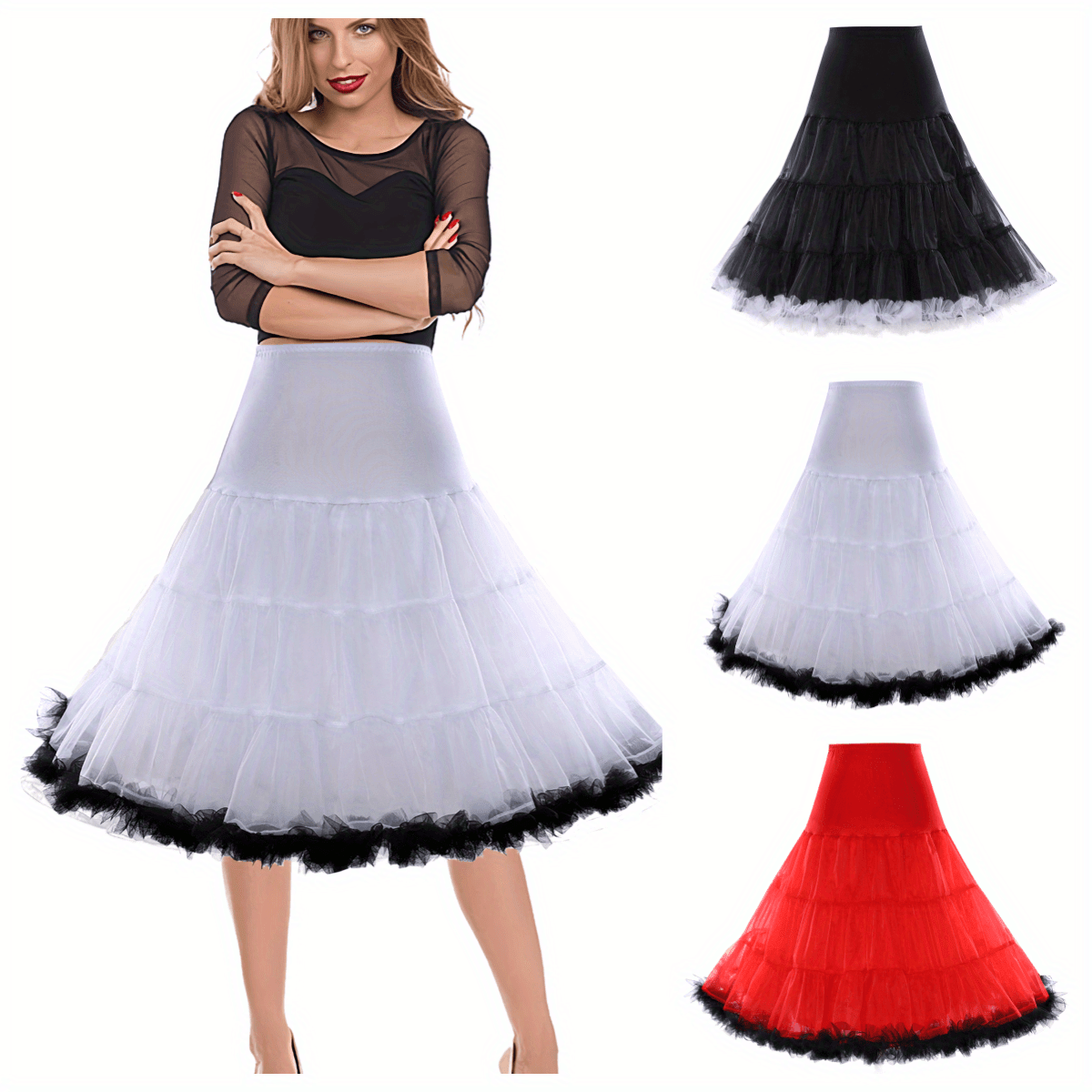 50's Women's Petticoat Underskirt -  Vintage Rockabilly Style, White/Black/Red, Sizes S/M/L/XL, Polyester, Full-Length with Tulle Detail and Fringe Trim,  Costume Accessory| Rockabilly Style|Polyester Fiber Skirt