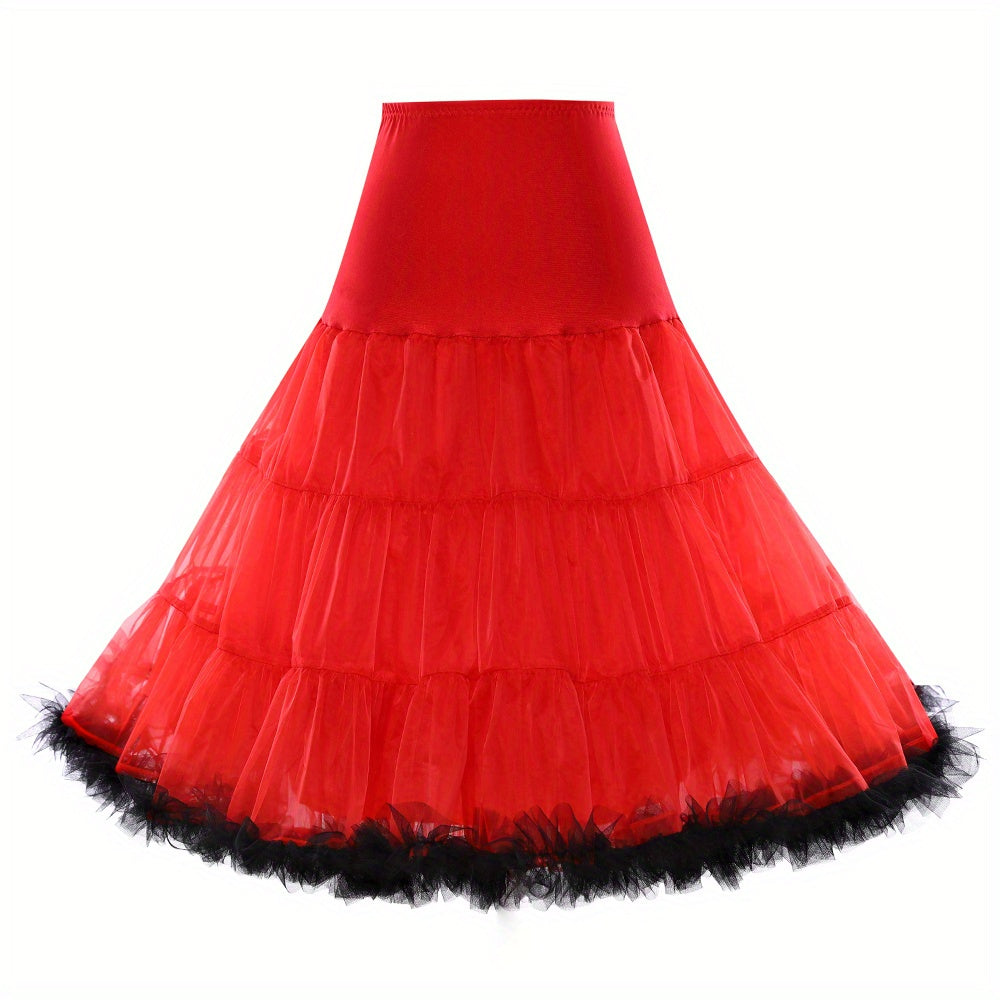50's Women's Petticoat Underskirt -  Vintage Rockabilly Style, White/Black/Red, Sizes S/M/L/XL, Polyester, Full-Length with Tulle Detail and Fringe Trim,  Costume Accessory| Rockabilly Style|Polyester Fiber Skirt