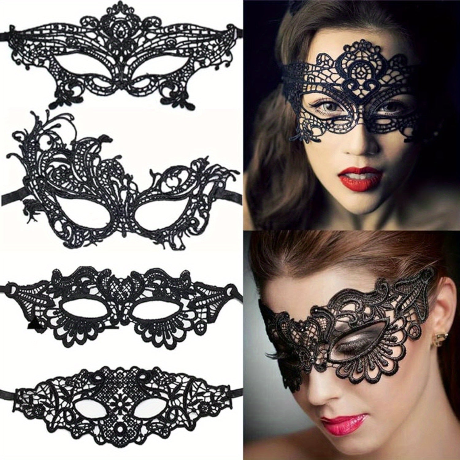 5pcs Sexy Black Fabric Lace Eye Masks Set Random Lace Mask | Half-Face Mask Women Party Cosplay Masquerade Accessories Vintage Hollow Black Flower Eye Masks Proms, Music Festivals, And Holiday Wear Accessories