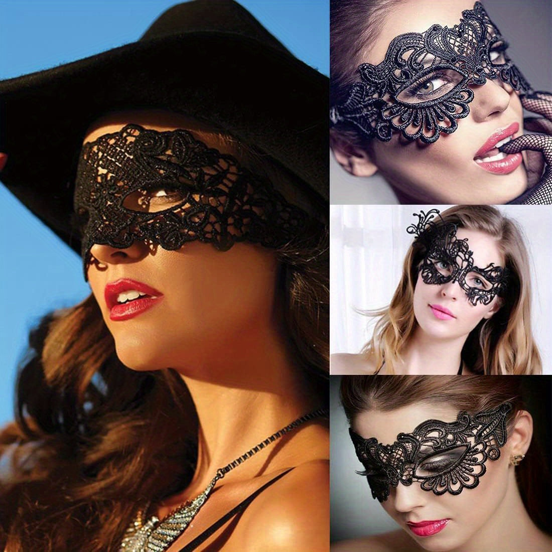 5pcs Sexy Black Fabric Lace Eye Masks Set Random Lace Mask | Half-Face Mask Women Party Cosplay Masquerade Accessories Vintage Hollow Black Flower Eye Masks Proms, Music Festivals, And Holiday Wear Accessories