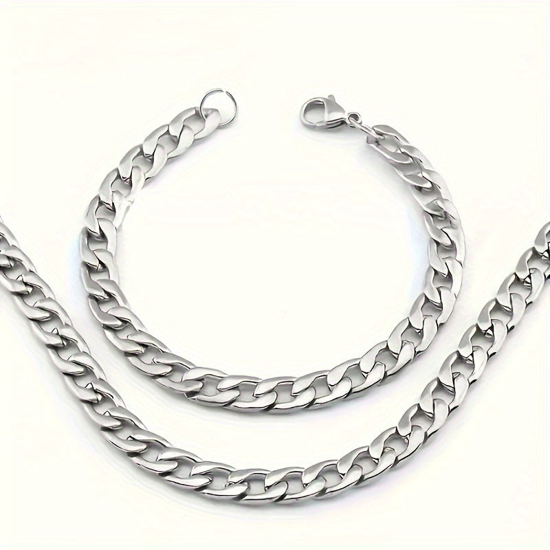 Stainless Steel Necklace and Bracelet Set for Men 2pcs - Hip Hop Punk Chain Jewelry Set, Silver Tone, Multiple Lengths 18-30in, Couple Matching Set, Street Style Gift