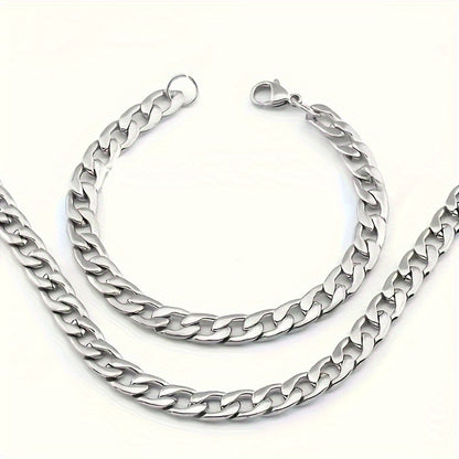 Stainless Steel Necklace and Bracelet Set for Men 2pcs - Hip Hop Punk Chain Jewelry Set, Silver Tone, Multiple Lengths 18-30in, Couple Matching Set, Street Style Gift