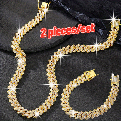 Cuban Link Necklace and Bracelet Set – Rhinestone Bling Unisex Hip Hop Y2K Punk Jewelry September Birthstone Luxury Gift for Her Him