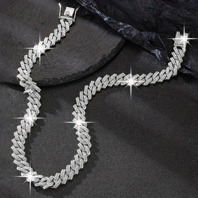 Cuban Link Necklace and Bracelet Set – Rhinestone Bling Unisex Hip Hop Y2K Punk Jewelry September Birthstone Luxury Gift for Her Him