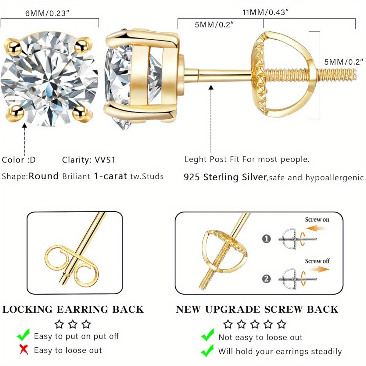 1 Pair Of Moissanite Earrings 925 Sterling Silvery Earrings Men Women Moissanite Earrings Spiral Earrings Women Girls Men
