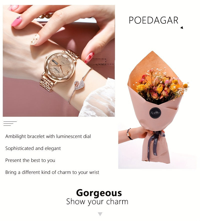 POEDAGAR Women's Rhinestone Quartz Watch — Luxury Rose Gold Stainless Steel Band, Luminous Dial, Calendar Date Display, Elegant Evening Dress Watch