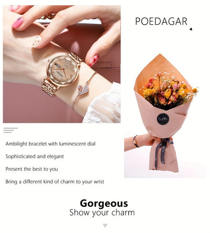 POEDAGAR Women's Rhinestone Quartz Watch — Luxury Rose Gold Stainless Steel Band, Luminous Dial, Calendar Date Display, Elegant Evening Dress Watch