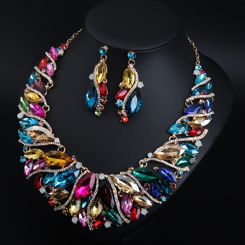 Sophisticated Jewelry Set Featuring a Necklace And Earrings, Adorned with Rhinestones, Perfect for Bridal Parties, Showcasing a Vintage And Luxurious Retro Style