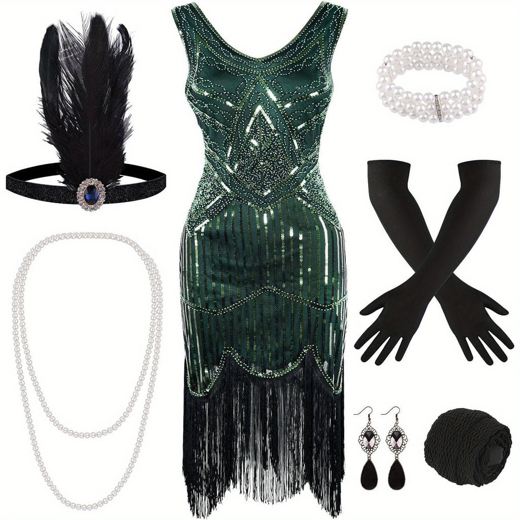 1920s V Neck Sequin Beaded Fringed Dress with 20s Accessories Set