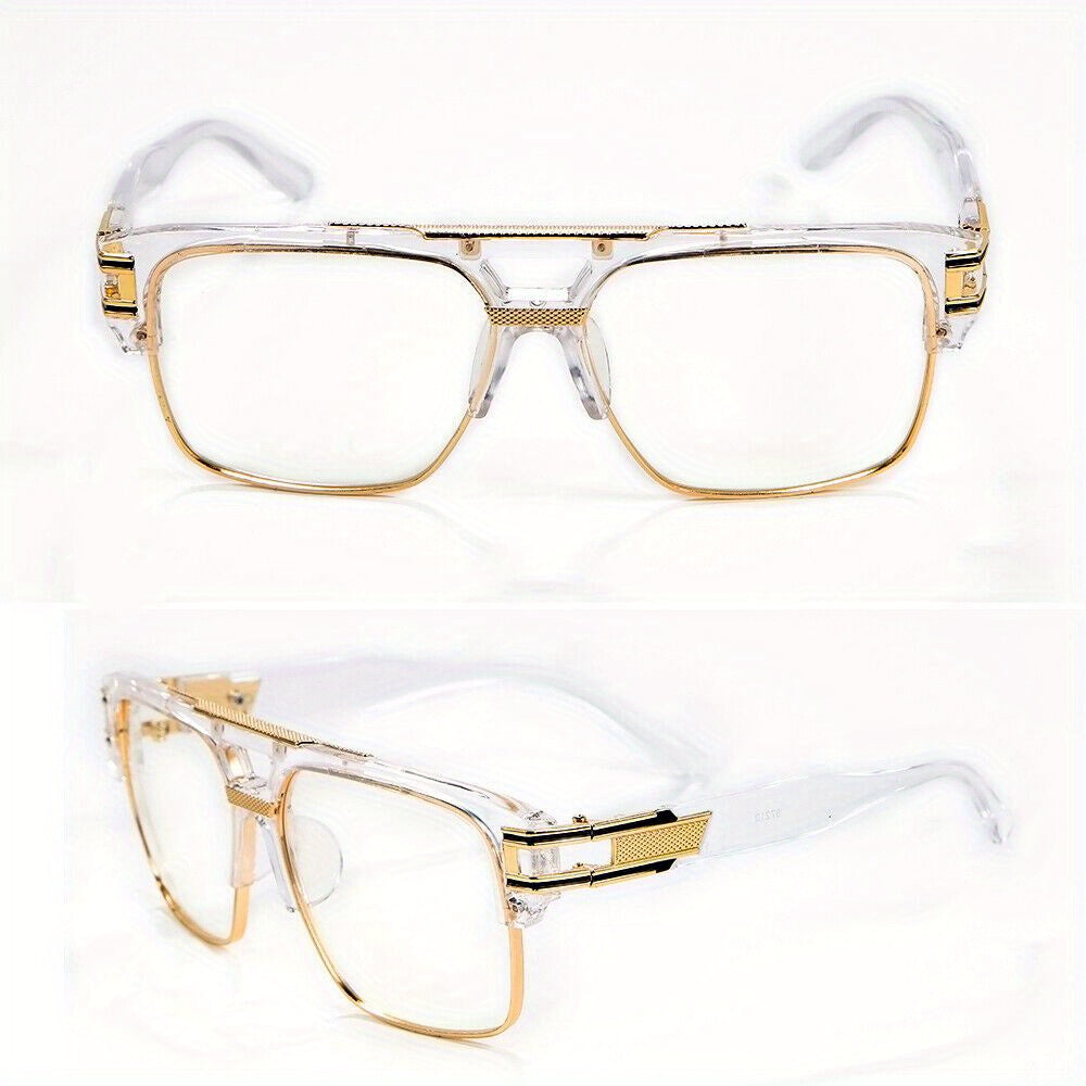 Hip Hop Glasses Clear Lens Vintage Gold Metal Frame Fashion Eyewear for Men Women – Retro Aesthetic Street Style for Music Festival Rave Costume Cosplay Casual Wear