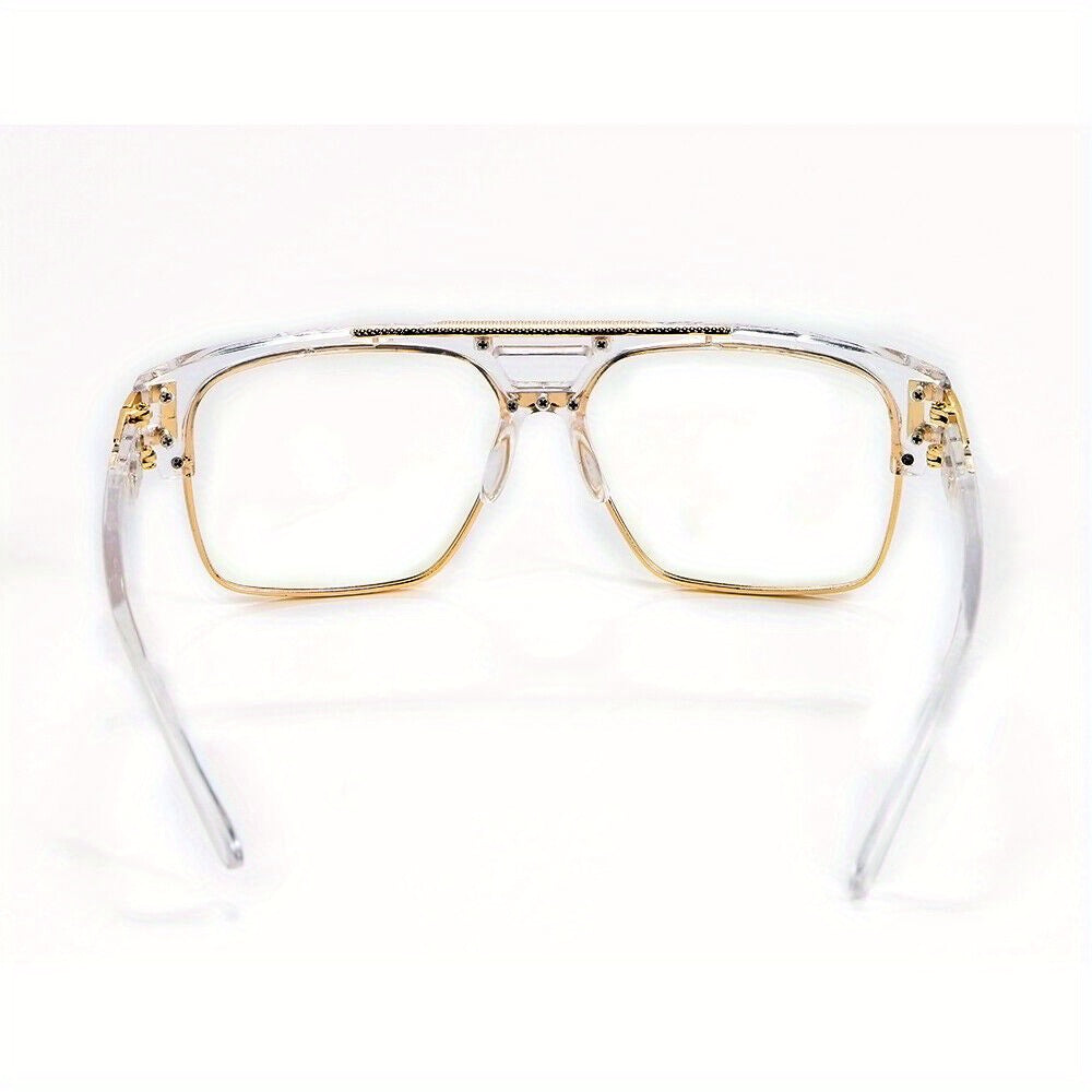 Hip Hop Glasses Clear Lens Vintage Gold Metal Frame Fashion Eyewear for Men Women – Retro Aesthetic Street Style for Music Festival Rave Costume Cosplay Casual Wear