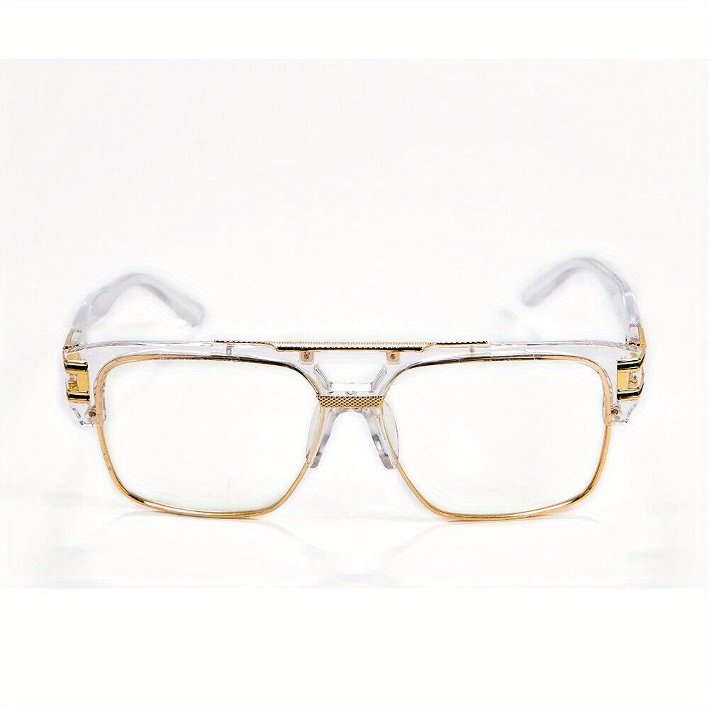 Hip Hop Glasses Clear Lens Vintage Gold Metal Frame Fashion Eyewear for Men Women – Retro Aesthetic Street Style for Music Festival Rave Costume Cosplay Casual Wear