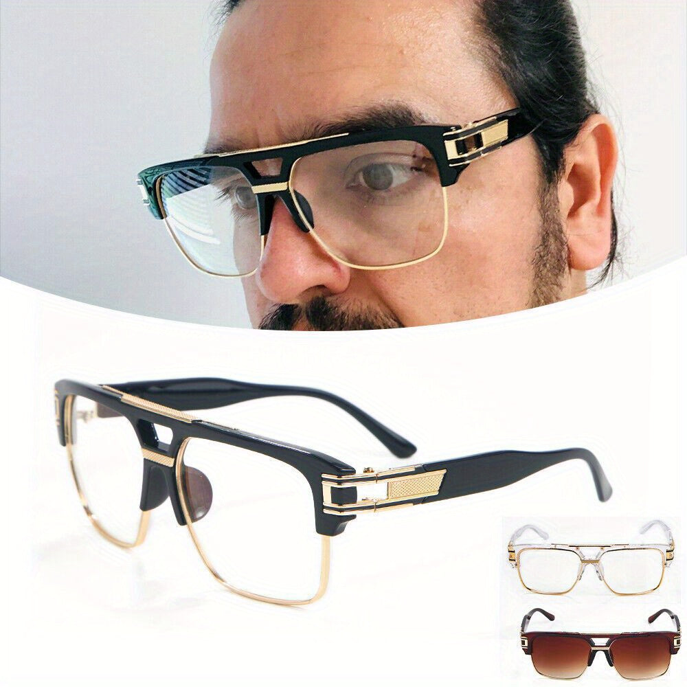 Hip Hop Glasses Clear Lens Vintage Gold Metal Frame Fashion Eyewear for Men Women – Retro Aesthetic Street Style for Music Festival Rave Costume Cosplay Casual Wear