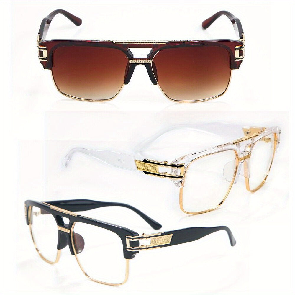 Hip Hop Glasses Clear Lens Vintage Gold Metal Frame Fashion Eyewear for Men Women – Retro Aesthetic Street Style for Music Festival Rave Costume Cosplay Casual Wear