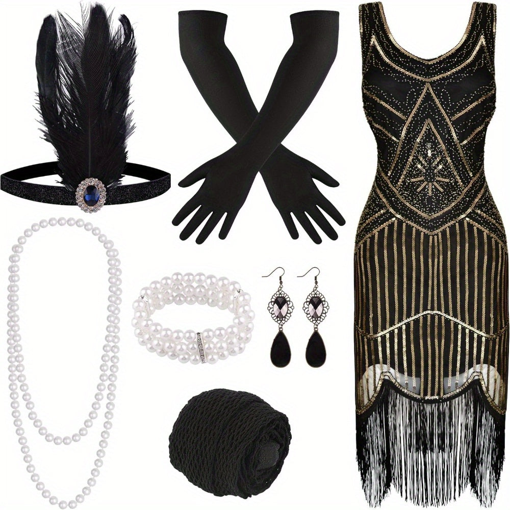 FEPITO 1920S V-Neck Sequin Beaded Fringed Dress with 20S Additions Set. Mother'S Day Gift