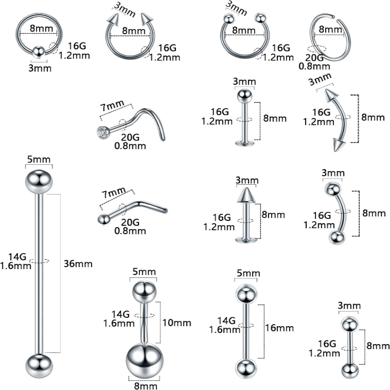 [120pcs Piercing Kit] Local Warehouse 120pcs Professional Body Piercing Kit - Stainless Steel 14G 16G Jewelry - Belly Nose Lip Septum Rings - Tool Set