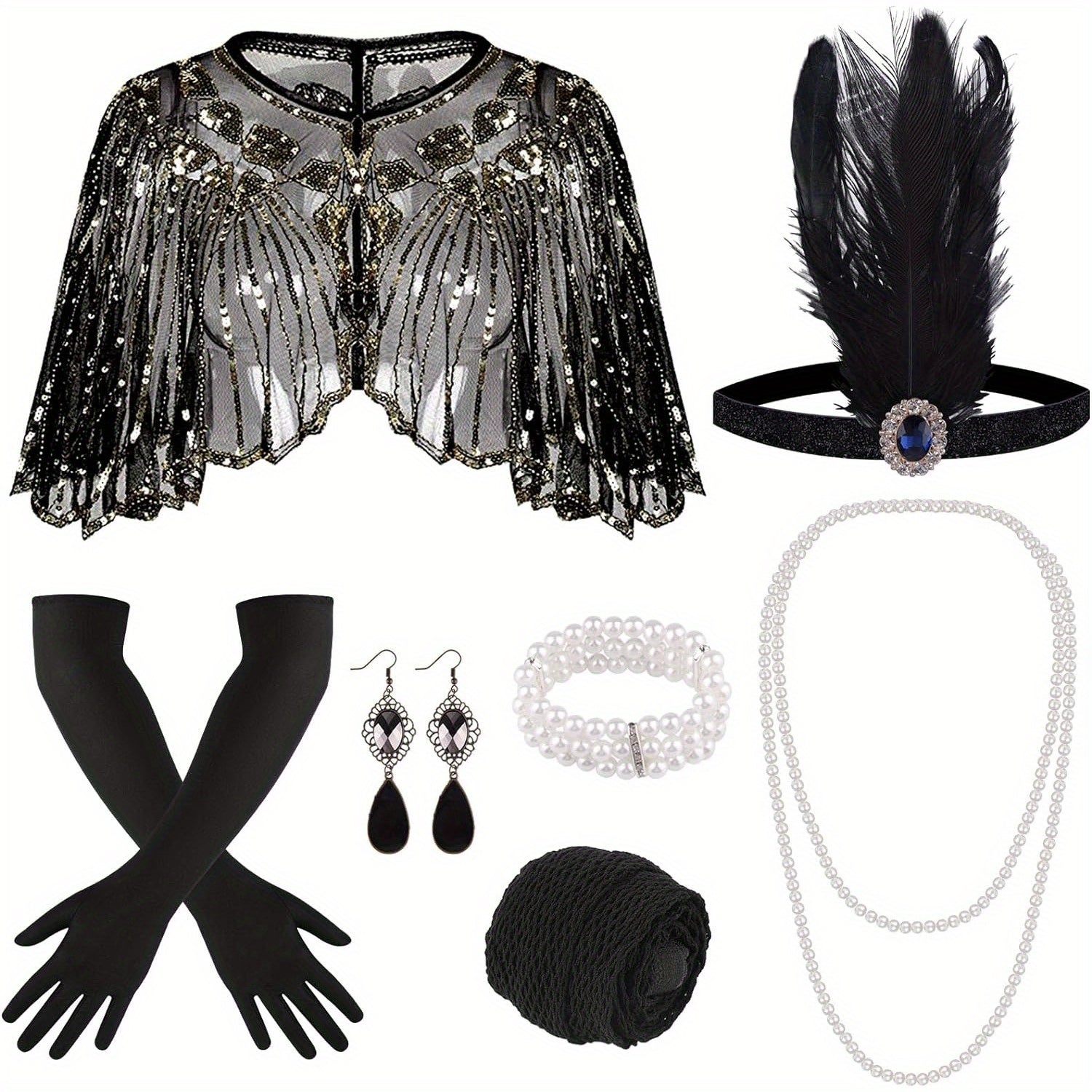 FEPITO 10pcs 1920s Flapper Gatsby Accessories Set Fashion Roaring 20's Theme Set with Headband Headpiece for Women Masquerade, Halloween Dress Up