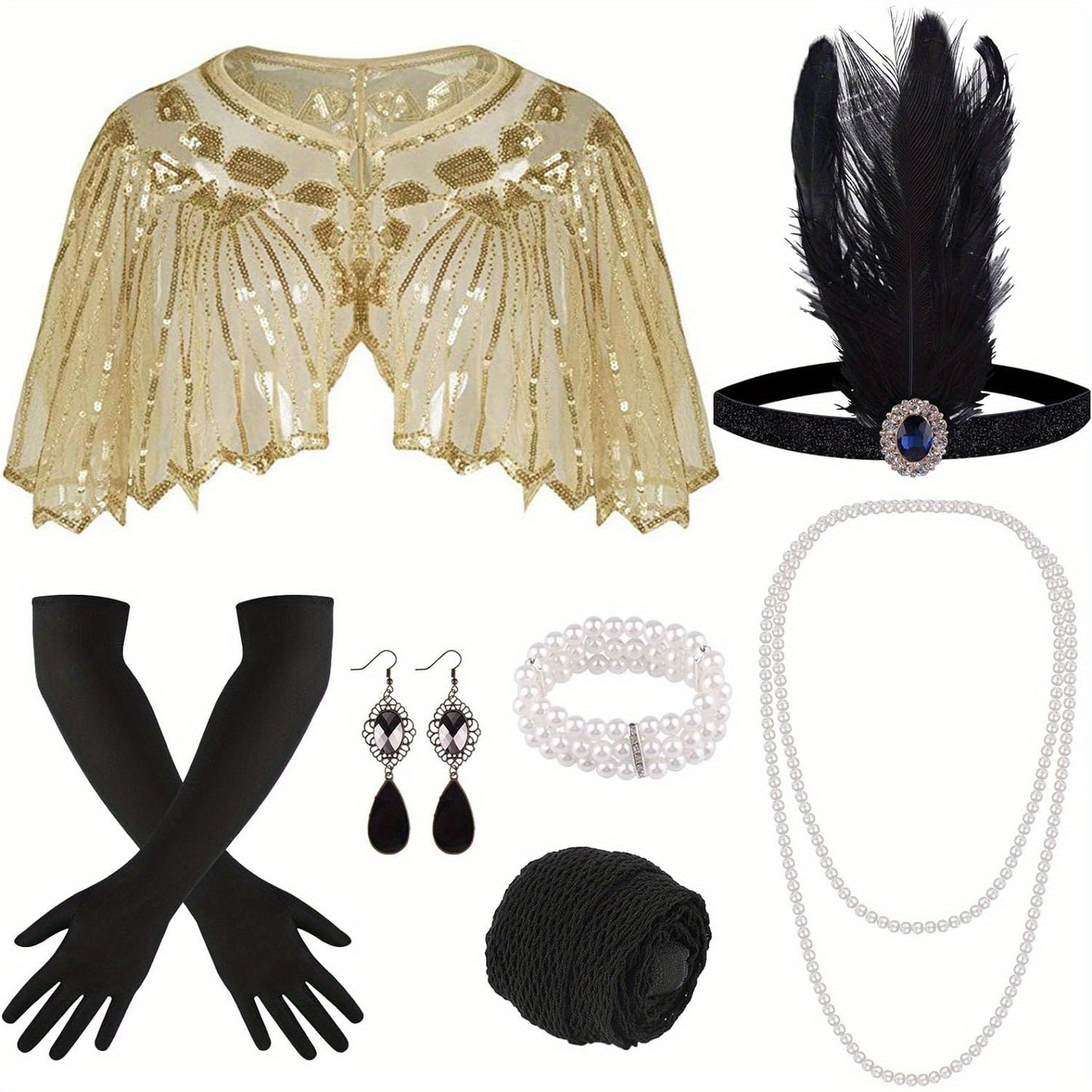 1920s Flapper Headband Set 10pcs - Gatsby Roaring 20s Accessories for Women Masquerade Halloween Themed Party Prom Vintage Art Deco Costume Headpiece in Apricot Gold Black Black Gold