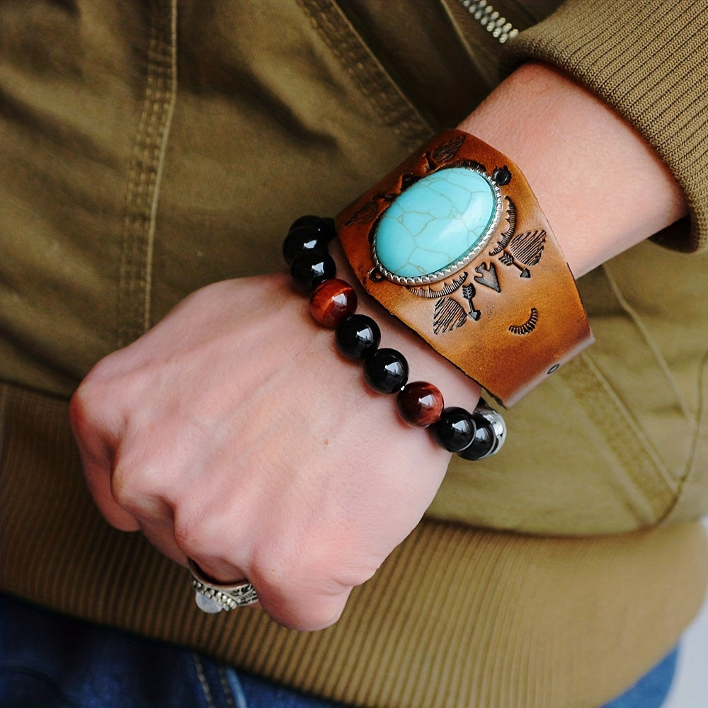 1pc Ethnic Faux Turquoise Totem Faux Leather Men's Bracelet Cool Birthday Gift Party Holiday Casual Wear
