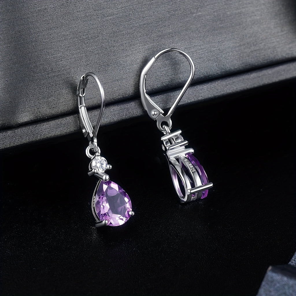 [Ideal Gift] 925 Sterling Silver Amethyst Teardrop Leverback Earrings - Dramatic Drop Dangly Design, Hypoallergenic, and Comfortable - Ideal Birthday Gifts for Women and, Genuine Gemstone Jewelry for Casual Attire or Special Occasions