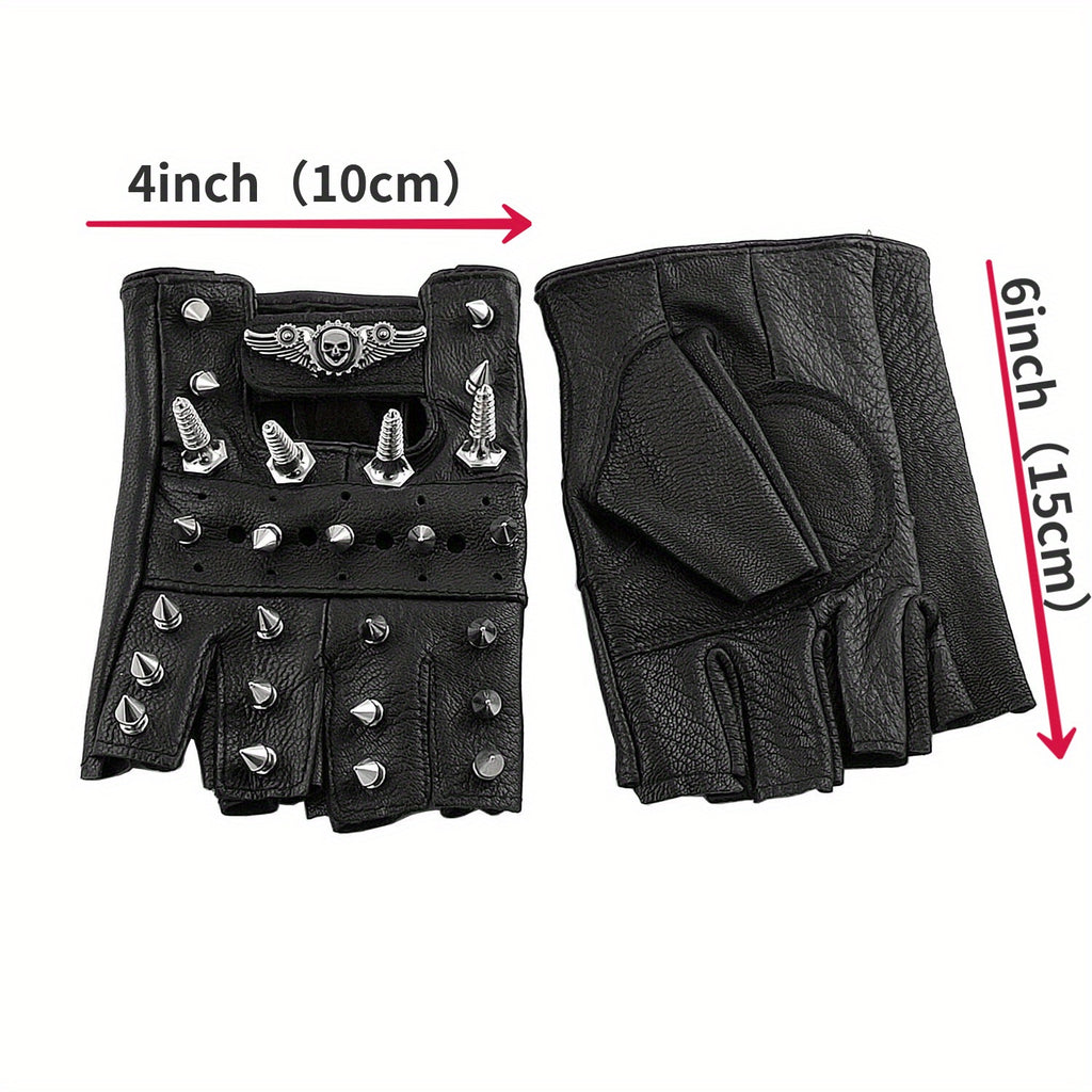 Men's Steampunk Motorcycle Leather Fingerless Gloves with Rivet & Chain Bracelet - Black Biker Style, Skull & Gear Design, One Size Fits Most, Motorcycle Gloves, Accessory for Bikers, Metallic Accent Details, Riding Gear, Fashion Enthusiasts