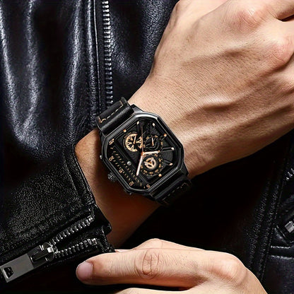 Men's Vintage Large Square Dial Quartz Watch – Date Calendar, Analog Wristwatch for Business & Casual Wear, Classic Style in Black & Rose Gold