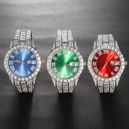 Rhinestone Watch & Cross Pendant Jewelry Set 4-Piece for Men & Women – 5A Crystal Quartz Calendar Watch, Wedding & Daily Luxury Gift