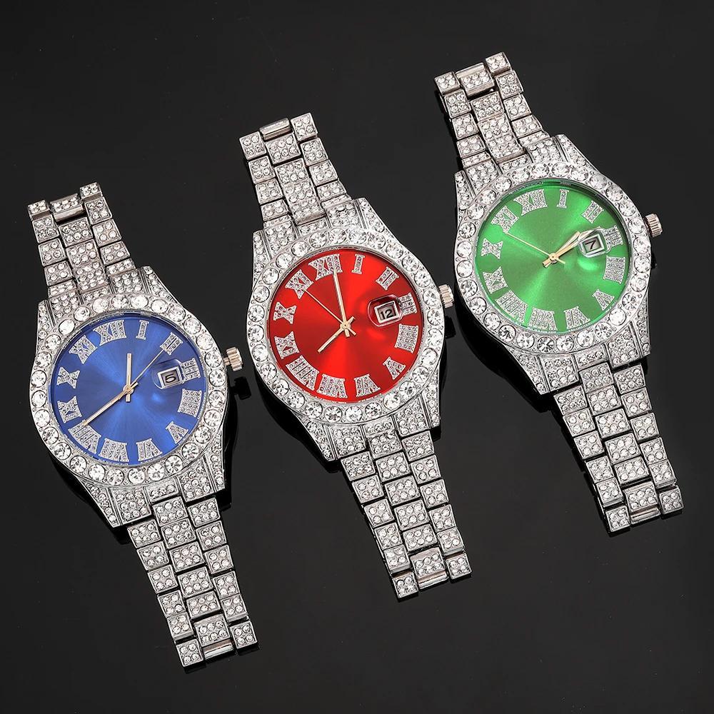 4pcs/set Men's & Women's Rhinestone Wrist Watch & Cross Pendant Jewelry Set with Analog Quartz Watch, Calendar, Quartz Movement, Suitable for, Wedding, Daily Wear - Luxury Accessory Gift for Him/Her
