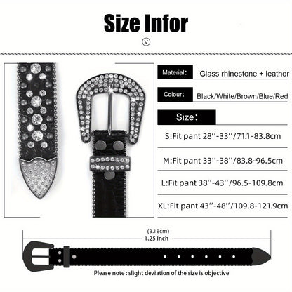 Rhinestone Belt for Men - Western Faux Crocodile Leather Strap, Rivet Detail, Alloy Buckle, Fits Waist 28"-48", 9 Colors, Cowboy Jeans Halloween Gift