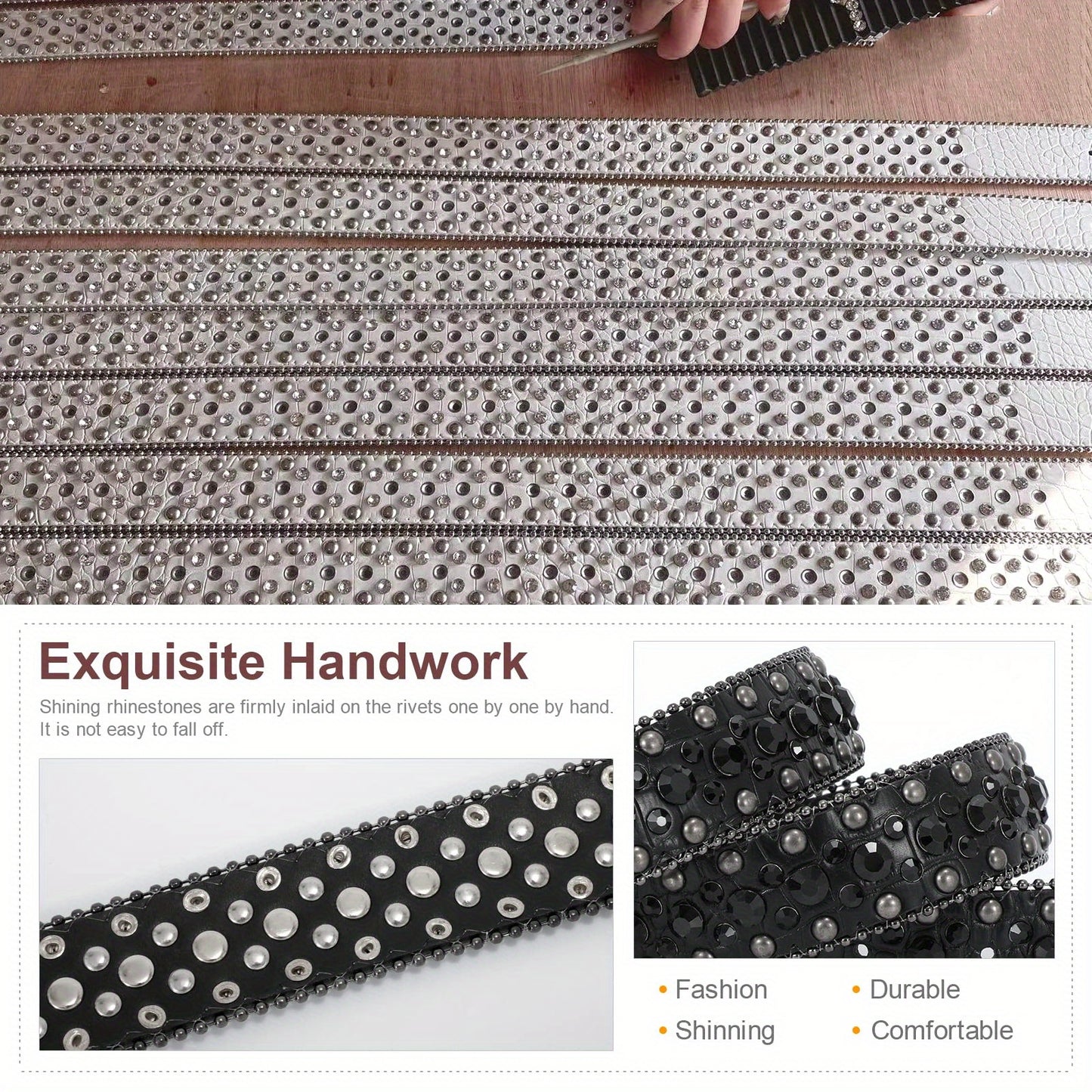 Rhinestone Belt for Men - Western Faux Crocodile Leather Strap, Rivet Detail, Alloy Buckle, Fits Waist 28"-48", 9 Colors, Cowboy Jeans Halloween Gift