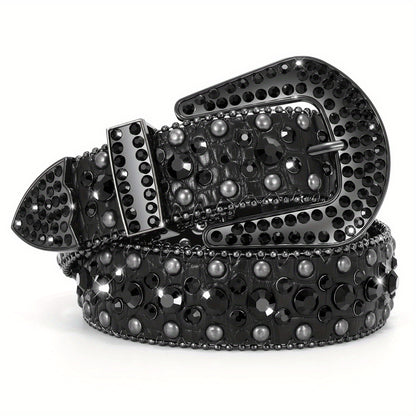 Rhinestone Belt for Men - Western Faux Crocodile Leather Strap, Rivet Detail, Alloy Buckle, Fits Waist 28"-48", 9 Colors, Cowboy Jeans Halloween Gift