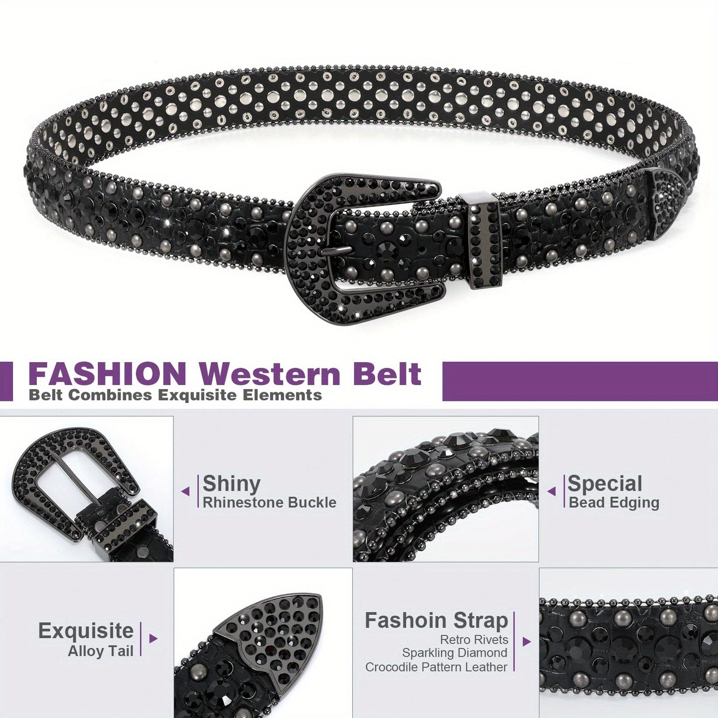 Rhinestone Belt for Men - Western Faux Crocodile Leather Strap, Rivet Detail, Alloy Buckle, Fits Waist 28"-48", 9 Colors, Cowboy Jeans Halloween Gift