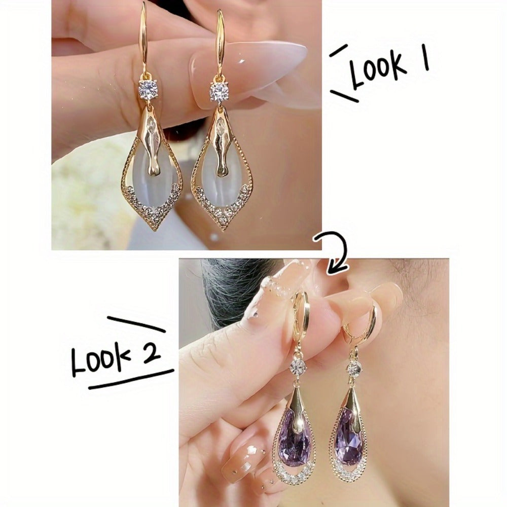 2 Pairs of Sparkling White Cat Eye Teardrop Shaped Purple Crystal Teardrop Shaped Earrings, Easy And Atmospheric Earrings, Fashionable And Elegant Alloy Jewelry Earrings