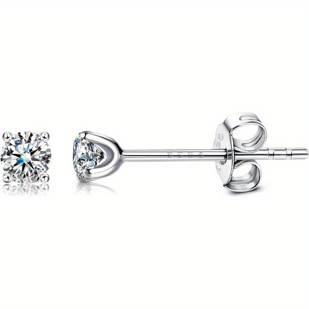 A Pair of Moissanite Stud Earrings Featuring 0.1Ct D Color VVS1 Round Cut Stones, Crafted with 925 Sterling Silver Ear Posts, Designed in a Easy Japanese/Korean Style, Plated with Platinum, Suitable for Mardi Gras, Year-Round Use, Everyday Wear