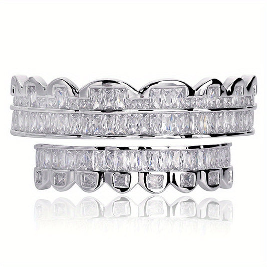 2pcs/ set Men Grills for Your Teeth Iced Out Hip Hop Golden Color Plated Baguette Cubic Zirconia 8 Teeth Top and Bottom Grillz for Women Rapper Costume