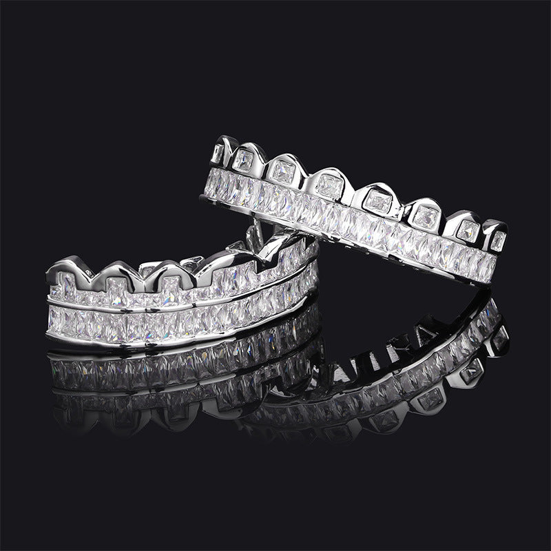 2pcs/ set Men Grills for Your Teeth Iced Out Hip Hop Golden Color Plated Baguette Cubic Zirconia 8 Teeth Top and Bottom Grillz for Women Rapper Costume