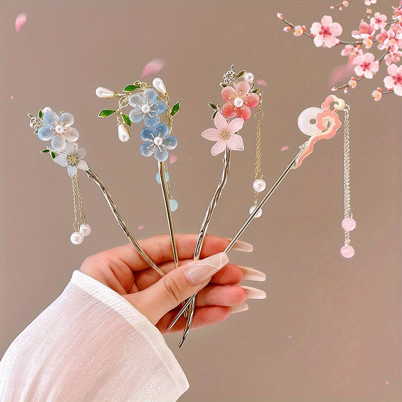 Floral Hair Clips Set 10pcs - Delicate Alloy Acrylic Flower Hair Pins for Women Bridal Wedding Hanfu Traditional Chinese Dress Qipao Bridesmaid Updo Hairstyle Accessories Ages 14+