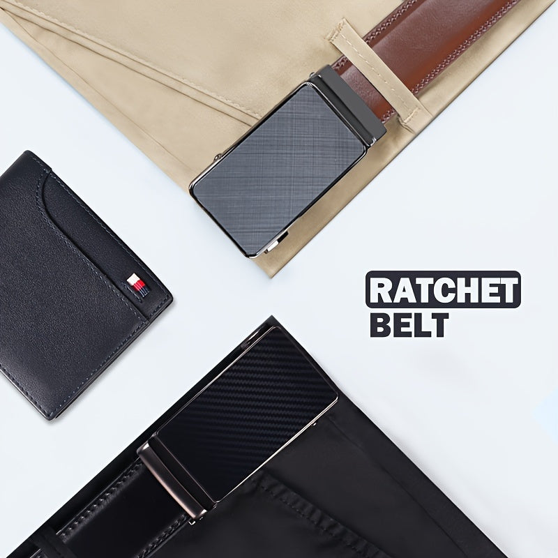 2026 Men's Genuine Leather Ratchet Belts with Automatic Buckle - Adjustable Casual & Business Style Belts, Durable Alloy Buckle, High-Quality Leather, Easy to Wear for Any Occasion 2pcs Game Day Football Fan Gear for All Fans