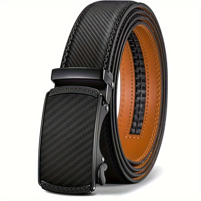 Men's Genuine Leather Ratchet Belt with Automatic Buckle - Adjustable Business Casual Dress Belt, Alloy Buckle, Black Brown Light Brown, 110-130cm (Waist 30"-44")