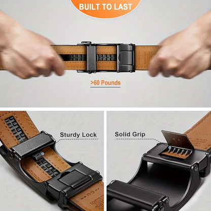 Men's Genuine Leather Ratchet Belt with Automatic Buckle - Adjustable Business Casual Dress Belt, Alloy Buckle, Black Brown Light Brown, 110-130cm (Waist 30"-44")