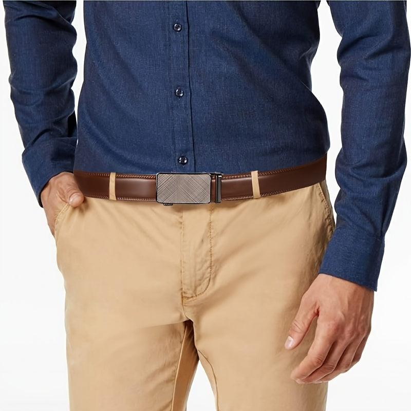 Men's Genuine Leather Ratchet Belt with Automatic Buckle - Adjustable Business Casual Dress Belt, Alloy Buckle, Black Brown Light Brown, 110-130cm (Waist 30"-44")