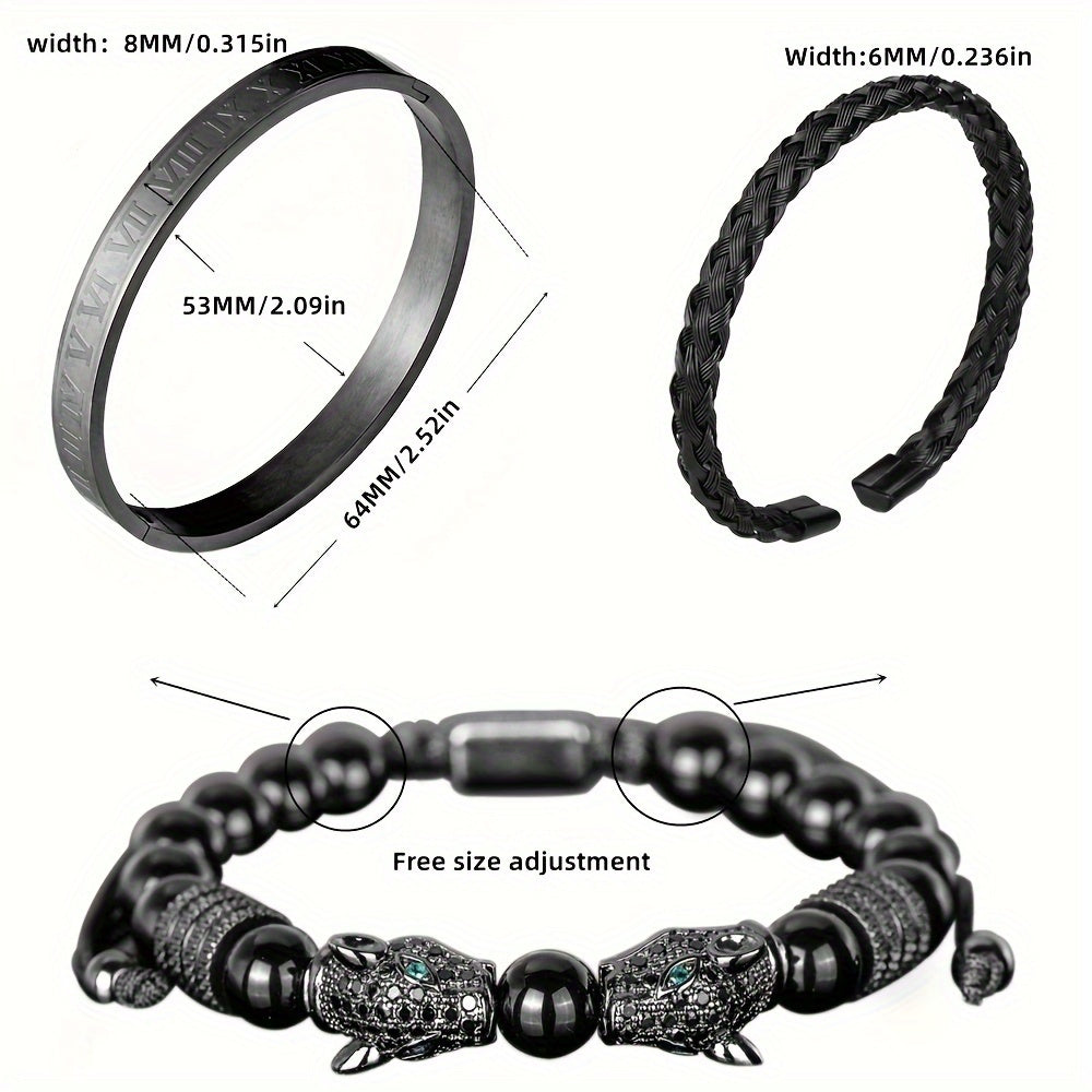 Leopard Head Bracelet Set 3Pcs – Black Agate Beaded Bracelet with Double Leopard Head & Roman Numerals, Adjustable Braided Retro Jewelry for Men Women
