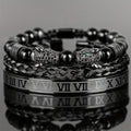 3PCS Mens Premium Black Agate Beaded Bracelet Set - Double Leopard Head, Roman Numerals, Adjustable Braided Design - Stylish Retro Style Unisex Fashion Accessory