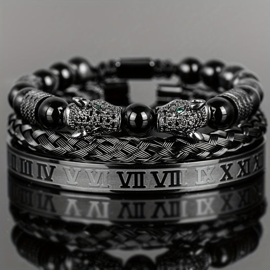 Leopard Head Bracelet Set 3Pcs – Black Agate Beaded Bracelet with Double Leopard Head & Roman Numerals, Adjustable Braided Retro Jewelry for Men Women