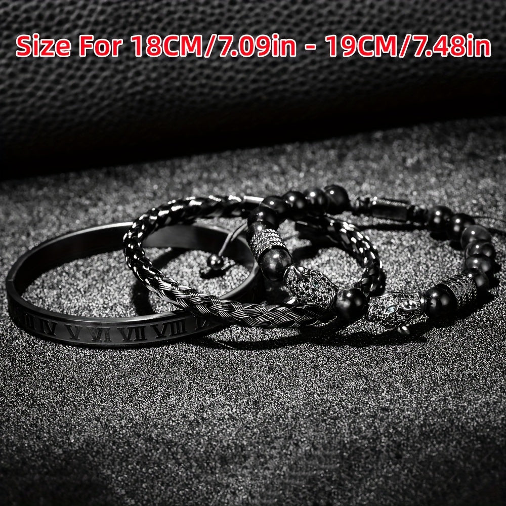 Leopard Head Bracelet Set 3Pcs – Black Agate Beaded Bracelet with Double Leopard Head & Roman Numerals, Adjustable Braided Retro Jewelry for Men Women