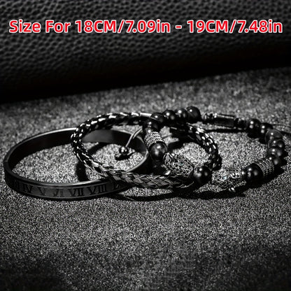 Leopard Head Bracelet Set 3Pcs – Black Agate Beaded Bracelet with Double Leopard Head & Roman Numerals, Adjustable Braided Retro Jewelry for Men Women