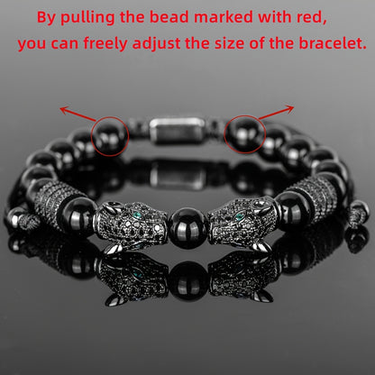 Leopard Head Bracelet Set 3Pcs – Black Agate Beaded Bracelet with Double Leopard Head & Roman Numerals, Adjustable Braided Retro Jewelry for Men Women